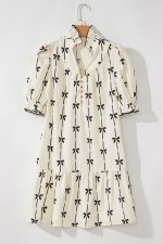 Beige Cute Bowknot Printed Bubble Sleeve V Neck Mini Dress - Image 9