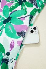 Green Floral Print Shirred Square Neck Loose Fit Mini Dress - Image 12