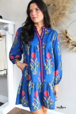 Sky Blue Floral Print Pop of Color V Neck Mini Dress - Image 3