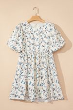 Beige Floral Puff Short Sleeve Empire Waist Mini Dress - Image 7