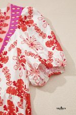 Rose Boho Floral Short Sleeve Tie V Neck Mini Dress - Image 16