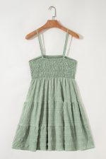 Smoke Green Solid Color Shirred Spaghetti Strap Textured Dress - Image 7