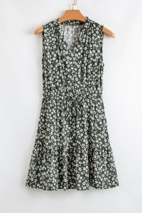 Green Boho Floral Print V Neck Knot Waist Sleeveless Dress - Image 8