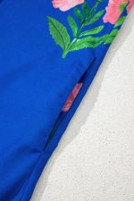 Blue Striped Trim Short Sleeve Split Neck Floral Mini Dress - Image 8