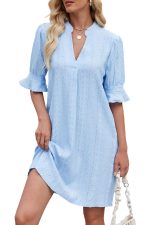 Beau Blue Split V-Neck Jacquard Eyelet Mini Dress - Image 15