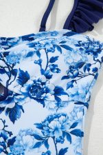 Blue Cutout Ruffle Spaghetti Strap One-Piece Swimwear - Image 7