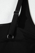 Black Side Tied Waist Square Neck Adjustable Straps A Line One Piece Swim Dress - Image 14