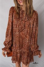 Brown Leopard Print Tie Neck Loose Fit Mini Dress - Image 4
