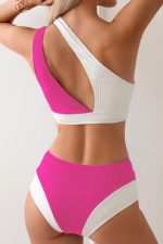Bright Pink Color Block Cut Out One Shoulder One Piece Swimsuit - Image 2