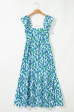 Blue Floral Print Square Neck Ruffled Strap Maxi Dress - Image 8