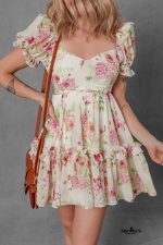 White Floral Print Sweetheart Neck Bubble Sleeve Ruffle Mini Dress