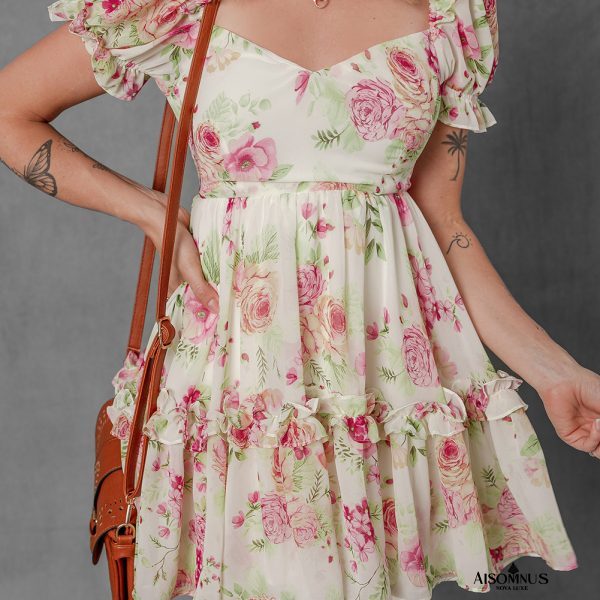 White Floral Print Sweetheart Neck Bubble Sleeve Ruffle Mini Dress