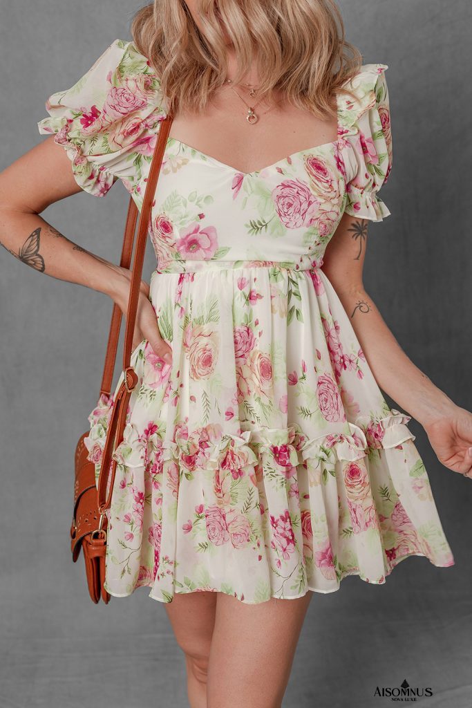 White Floral Print Sweetheart Neck Bubble Sleeve Ruffle Mini Dress