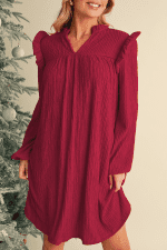Fiery Red Frill Trim V Neck Loose Fit Ribbed Mini Dress - Image 8