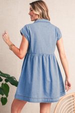 Beau Blue Lapel Neck Cap Sleeve High Waist Denim Babydoll Dress - Image 2