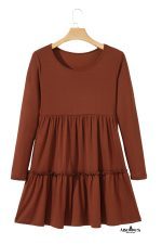 Straw Yellow Ribbed Frilled Trim High Waist Long Sleeve Mini Dress - Image 18