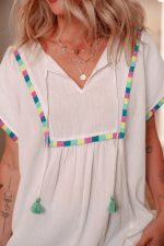 White Colorful Fringed Detail Tassel Tie Neck Short Sleeve Cover Up - Image 6