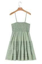 Smoke Green Solid Color Shirred Spaghetti Strap Textured Dress - Image 15