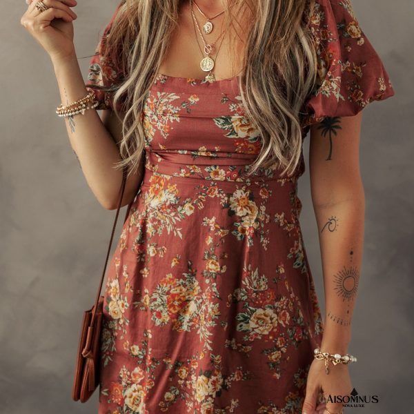 Red Floral Puff Sleeve Square Neck Knot Open Back Mini Dress