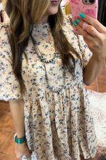Beige Floral Puff Short Sleeve Empire Waist Mini Dress - Image 6