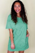Mint Green Mineral Wash Flower Patchwork Mini T Shirt Dress - Image 2