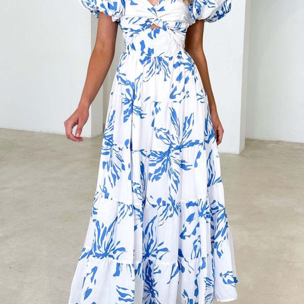 White Abstract Print Bubble Sleeve Swing High End Dress