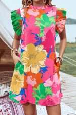 Pink Floral Print Flutter Sleeve Pockets Mini Dress