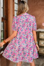 Pink Allover Floral Print Collar Half Button Short Sleeve Loose Dress - Image 2