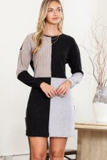 Black Ribbed Color Block Drop Shoulder Long Sleeve Mini Dress - Image 13