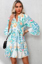 Sky Blue Ethnic Print Boho Tiered Mini Dress - Image 4