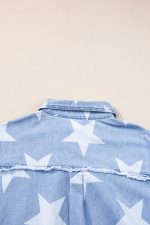 Sky Blue Star Print Frayed Hem Buttoned Denim Mini Dress - Image 8