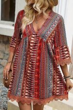 Red Boho Colorblock Deep V Neck Mini Dress - Image 4