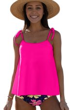 Rose Red Solid Color Cami and Floral Print Panty Tankini Set - Image 5