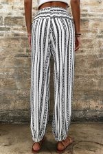 Black Stripe Geometric Print Drawstring Cuff Pants - Image 2