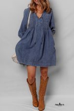 Sail Blue Pleated V Neck 3/4 Sleeve Denim Mini Dress - Image 4