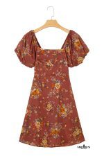 Red Floral Puff Sleeve Square Neck Knot Open Back Mini Dress - Image 17