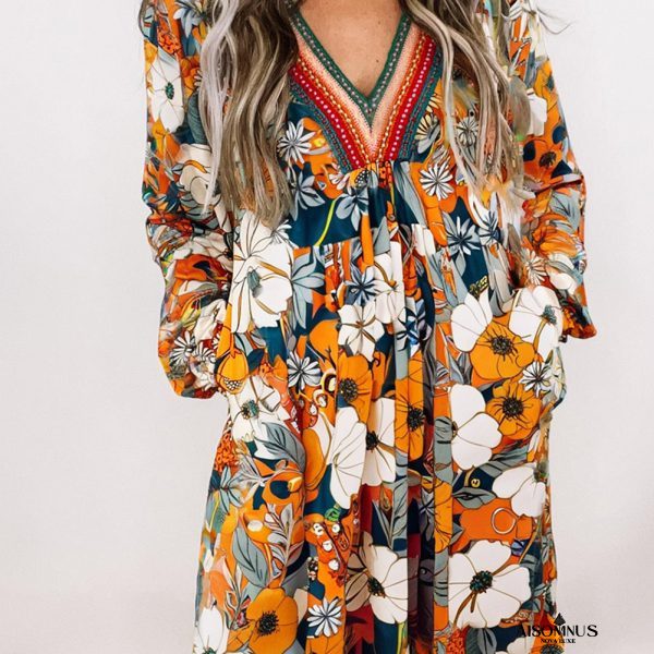 Orange Floral Print Striped Lace V Neck Long Sleeve Mini Dress