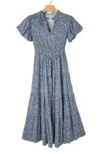 Blue Abstract Print Split V Neck Shirred High Waist Maxi Dress - Image 12