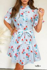 Sky Blue Striped Floral Print Ruffle Belted Mini Dress