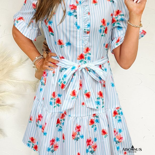 Sky Blue Striped Floral Print Ruffle Belted Mini Dress