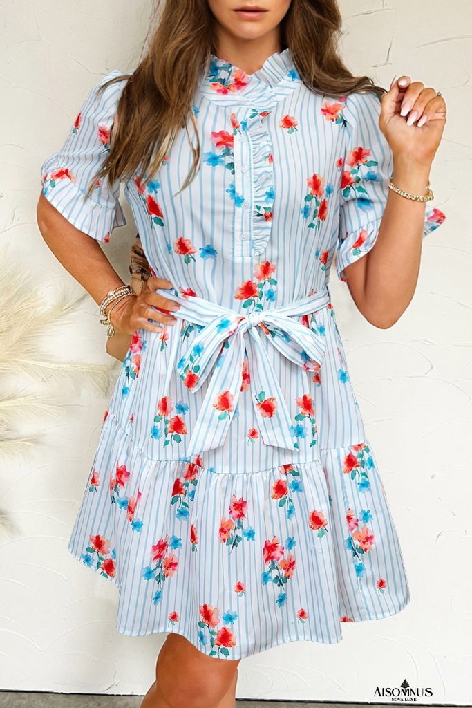 Sky Blue Striped Floral Print Ruffle Belted Mini Dress
