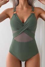 Green Bay Criss Cross V Neck Mesh One Piece swimsuit - Image 3