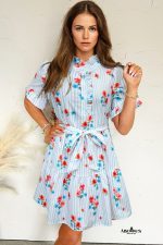 Sky Blue Striped Floral Print Ruffle Belted Mini Dress - Image 3