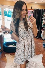 Beige Floral Puff Short Sleeve Empire Waist Mini Dress - Image 4