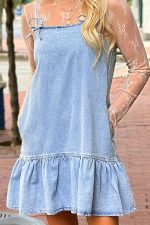 Beau Blue Bow Detail Spaghetti Straps Ruffle Hem Denim Dress - Image 5