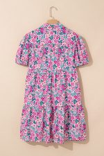 Pink Allover Floral Print Collar Half Button Short Sleeve Loose Dress - Image 7