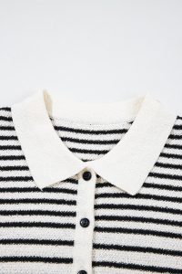 Black Mixed Striped Print Half Placket Collared Cap Sleeve Bodycon Sweater Dress - Image 9