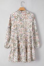 Green Floral Print Tiered Frilled Shirred Mock Neck Mini Dress - Image 15