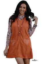 Gold Flame Corduroy Embroidered Patch Pocket Sleeveless Mini Dress - Image 14