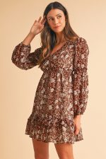 Brown Boho Floral Ruffle Puff Sleeve V Neck Mini Dress - Image 5